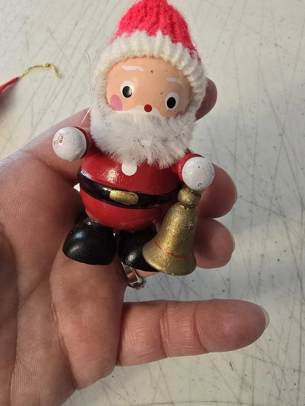 2 Small Vintage Wooden Santa Clauses with Bells Handpainted Christmas Ornaments
